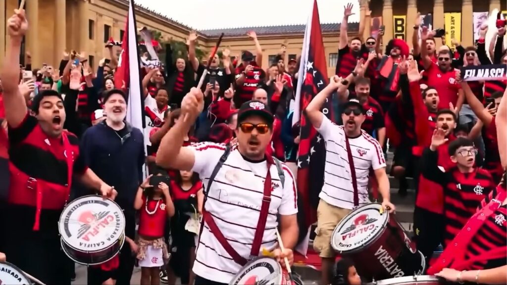 Torcida do Flamengo faz festa na Filadélfia (Foto: Reprodução/Cazé TV)